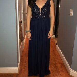 Navy SHERRI HILL beaded & embroidered Prom Dress